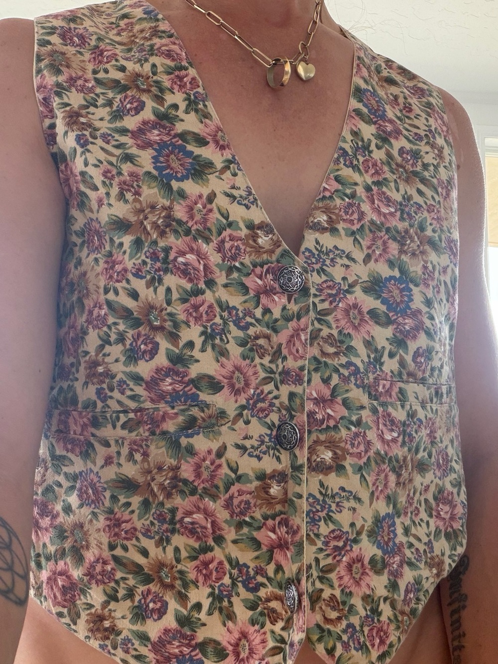 Vintage At Last Floral V-Neck Sleeveless Vest - Pink, Cream, Green, Blue